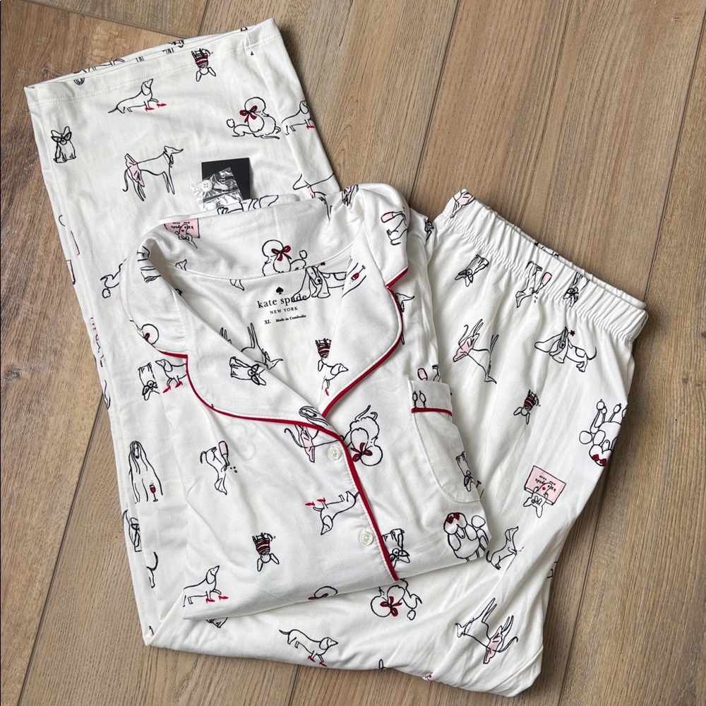 NWT Kate Spade Dog Print Long Sleeve Pajamas Cream, Black and Red Size XL Preppy - Picture 2 of 14